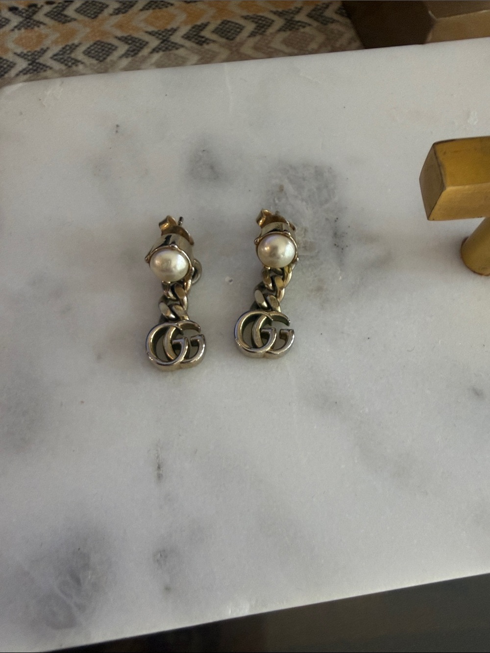 Gucci Gold-Tone Pearl Drop Double G Chain Earrings